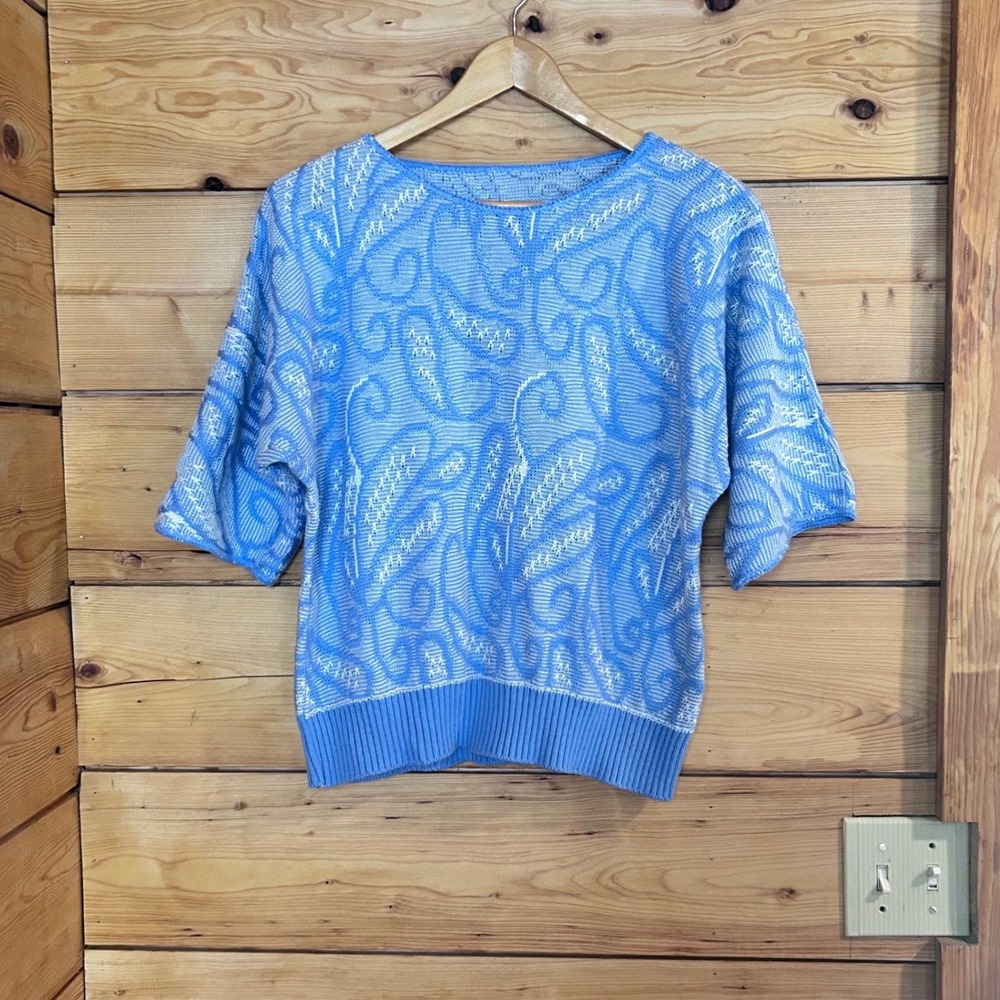 Vintage Paisley Knit Sweater Womens Large Blue Batwing Short Sleeve 80s MCM